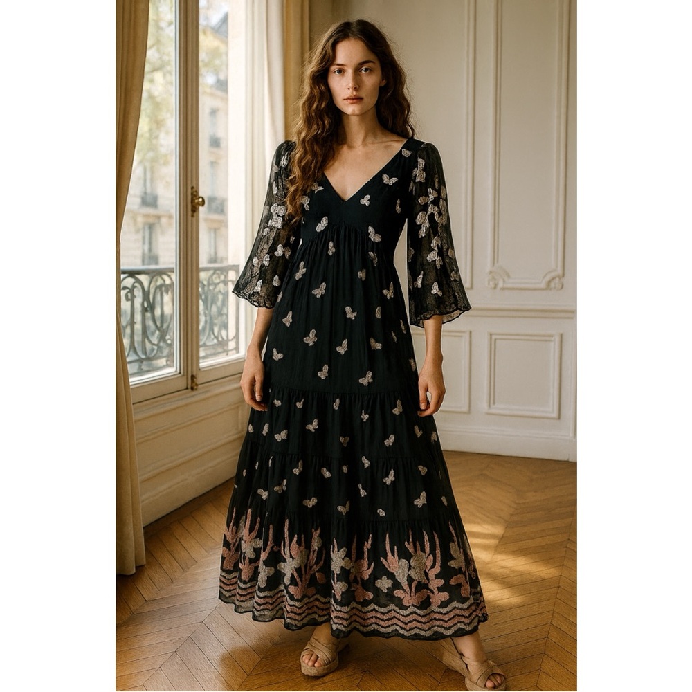 Janice Wainwright Vintage 70's RARE Maxi Dress Embroidered Butterflies, 12 US